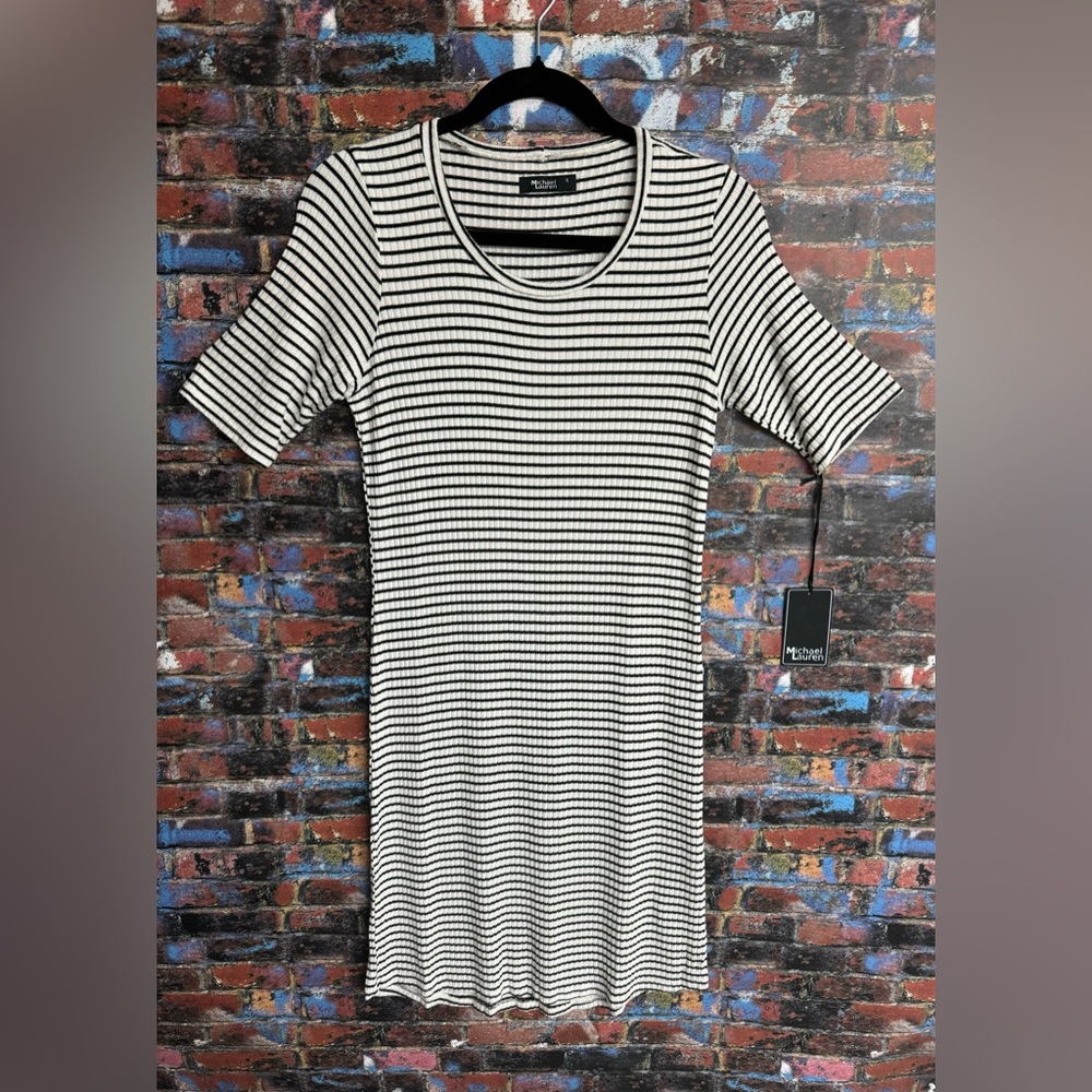Michael Lauren Revolve Eden White/Black Striped Short Sleeve Soft Knit Dress - Picture 3 of 6